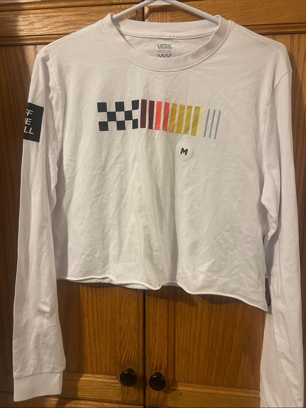 Vans White Long-Sleeve Graphic Crop Tee with Multicolor Stripe
